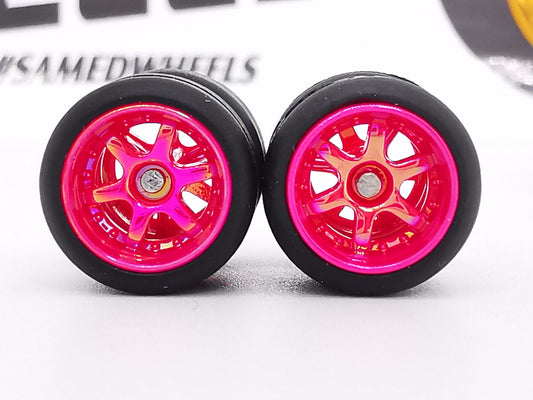 6 spoke jdm 12mm Metallic Pink ring, black tire DISTRIBUIDORES