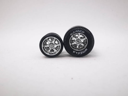 Dragster tire 6 spoke chrome ring, with letter/Rear Flat DISTRIBUIDORES