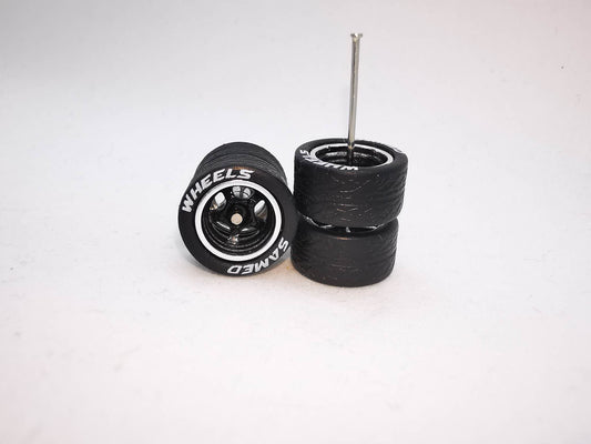 5 bolt 12 mm black chrome rim, black tire with lettering