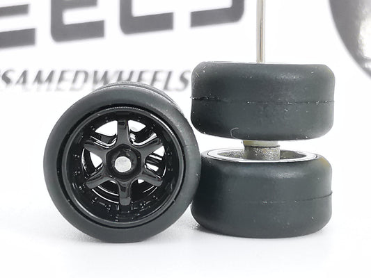 6 spoke jdm 12mm Black ring, black tire DISTRIBUIDORES