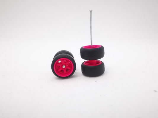 6 spoke jdm 11mm, neon pink ring, black tire ECO DISTRIBUIDORES