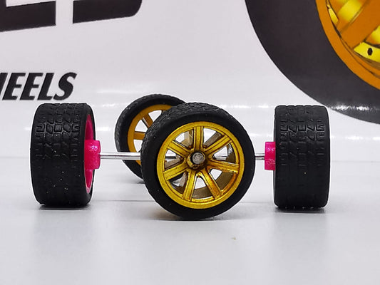 7 spoke jdm 11mm polished gold, black tire not removable
