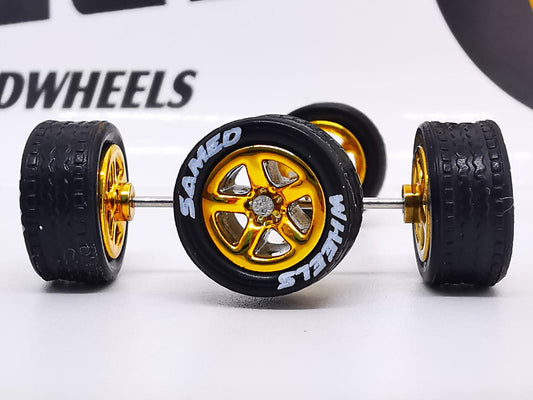 5 spoke/Muscle 10MM Peach gold ring , black tire with letter DISTRIBUIDORES