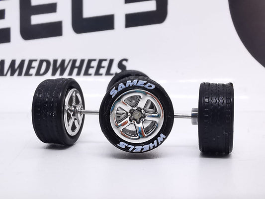 5 spoke/Muscle 10MM chrome ring, black tire with letter DISTRIBUIDORES