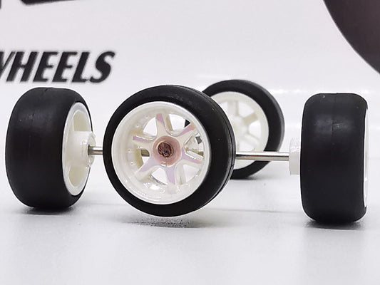 6 spoke jdm 11mm metallic white ring, black tire DISTRIBUIDORES