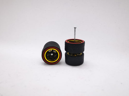 5 bolt 12 mm black gold rim black tire with red line