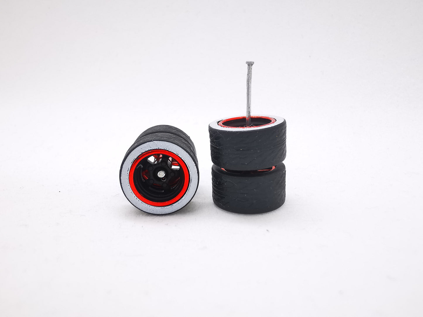 5 bolt 12 mm black red ring, black tire with white wall
