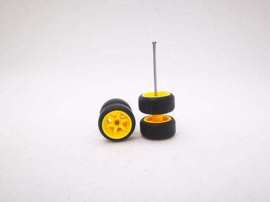 6 spoke jdm 11mm yellow ring, black tire