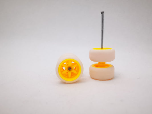 6 spoke jdm 11mm yellow ring, white tire