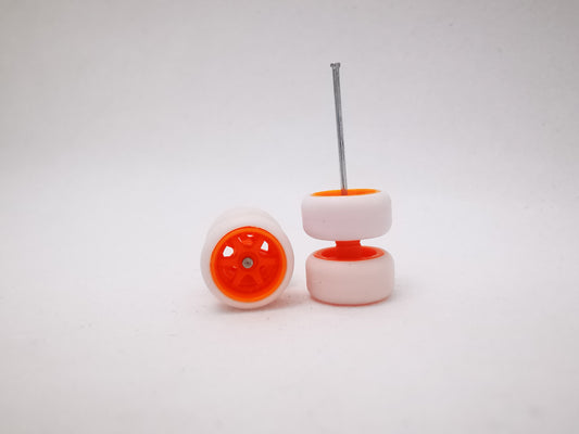 6 spoke jdm 11mm neon orange ring, white tire