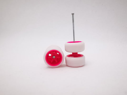 6 spoke jdm 11mm neon pink ring, white tire